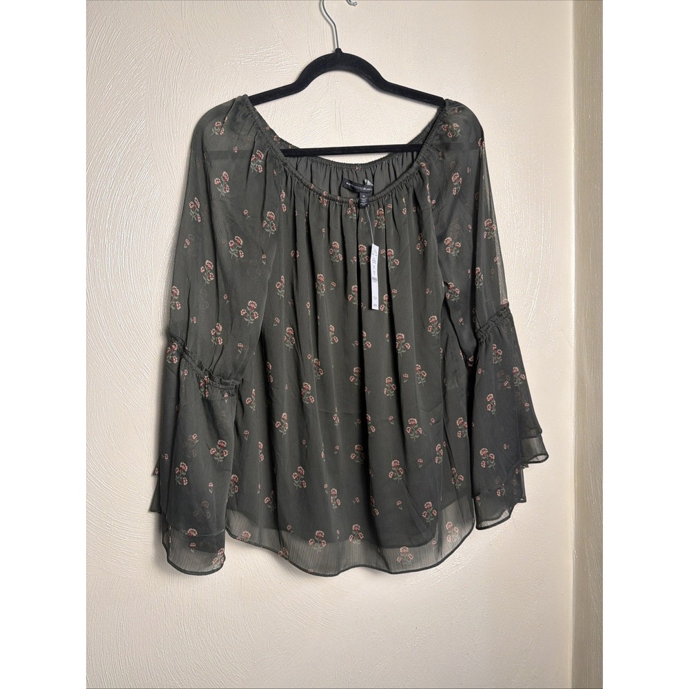 White House Black Market Floral Peasant Blouse Medium Olive Bell Sleeve